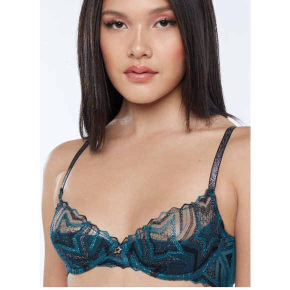 Savage X Fenty Shining Star Embroidered Half Cup Plunge Bra Wildflower Blue 36C - Picture 1 of 10